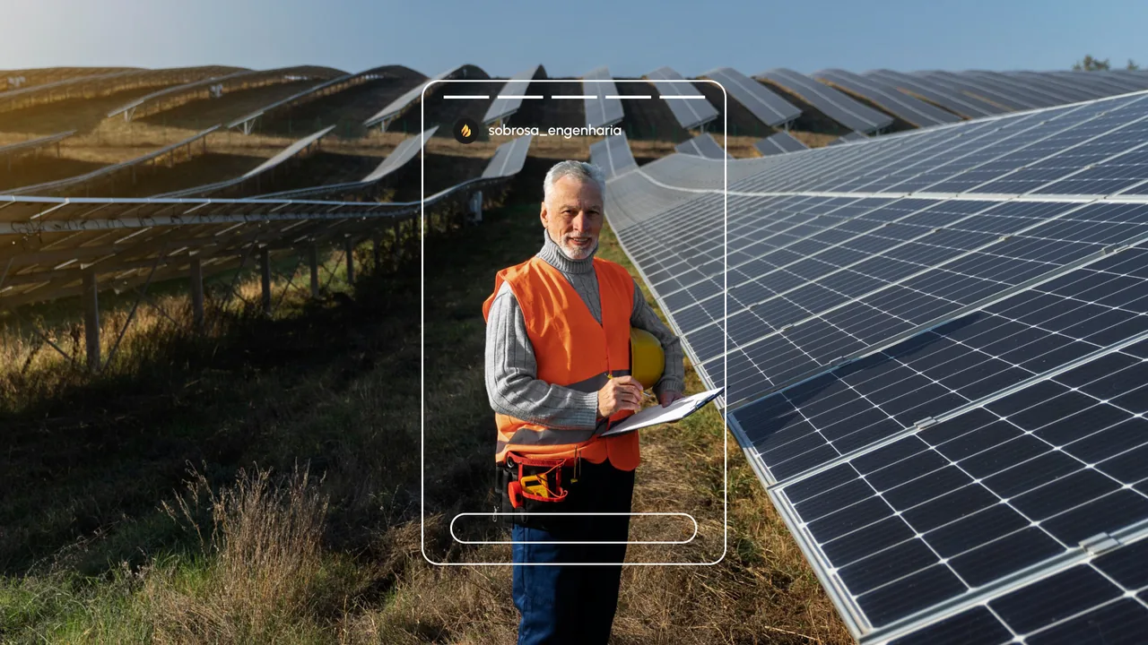 Profissional em campo com painéis solares